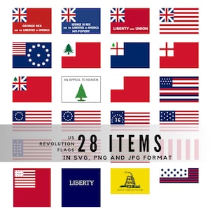 May include: A collection of 28 US Revolution flags in various designs, including flags with the British Union Jack, stripes, and text such as "Liberty" and "Don't Tread on Me." The flags are presented in SVG, PNG, and JPG formats.