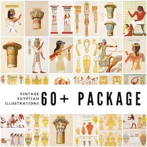 May include: A collection of vintage Egyptian illustrations. The images feature detailed drawings of pharaohs, columns, vases, and other artifacts, with a colour palette of gold, red, and beige. Text on the image reads "Vintage Egyptian Illustrations 60+ Package."