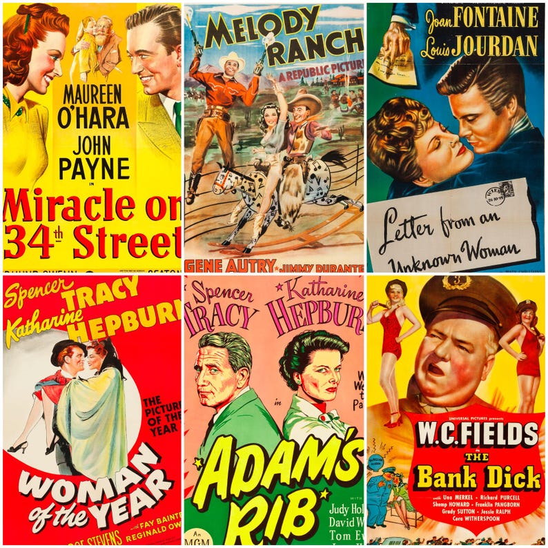 160 vintage movie posters from the 1940s featuring iconic Hollywood stars, film noir classics, and wartime cinema. Includes restored promotional artwork with bold graphics and historic typography. Ideal for collectors, film historians, scrapbookers, and creatives seeking high-quality digital downloads of Golden Age movie advertisements.