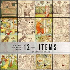 May include: A vintage painting book by Walter Crane, featuring 12+ items. The cover shows a woman in a green dress. The image is a collage of illustrations in a vintage style, with text that reads "Vintage Painting Book".