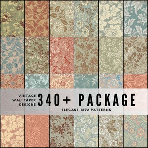 May include: A collection of vintage wallpaper designs in a grid layout. The designs feature floral patterns in various colors, including green, red, and beige. The text reads "VINTAGE WALLPAPER DESIGNS 340+ PACKAGE ELEGANT 1892 PATTERNS."