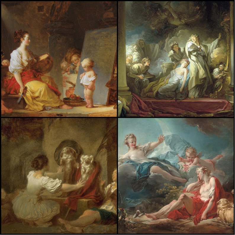 May include: A collage of four classical paintings. The paintings depict scenes with figures in classical attire, featuring soft colors, dramatic lighting, and detailed brushwork. The artworks evoke a sense of historical and artistic elegance.