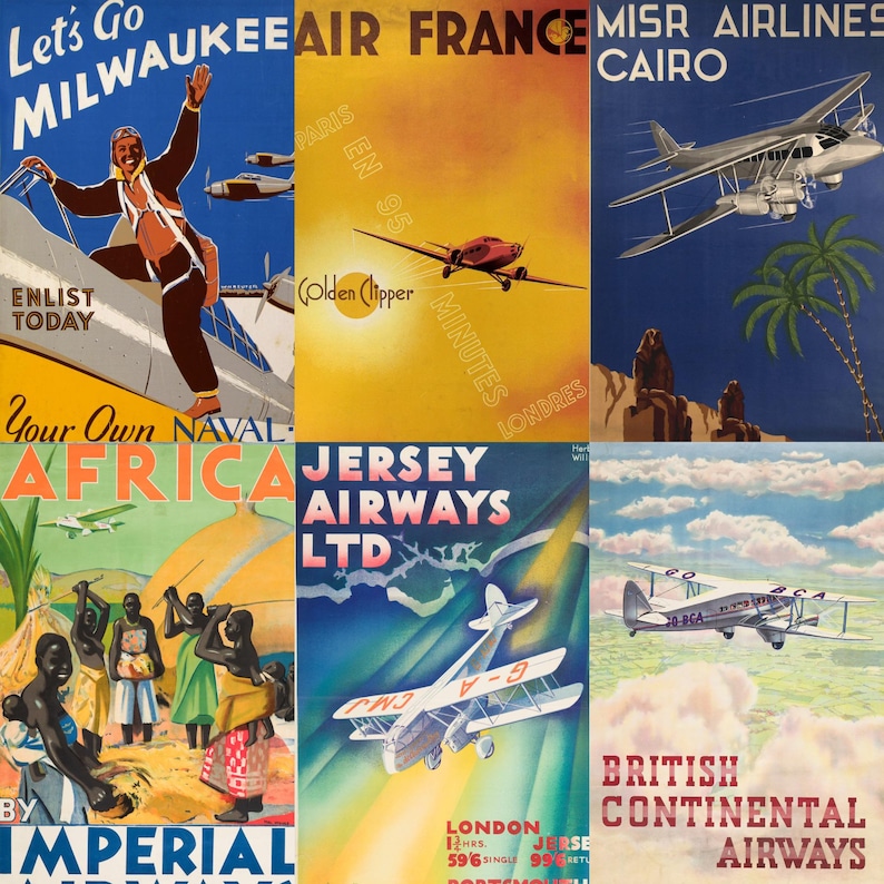 High-resolution preview of vintage airline travel posters from the mid-20th century, featuring iconic carriers like Pan Am, TWA, Air France, and KLM. Includes vibrant retro illustrations, luxury aircraft designs, exotic destinations, and elegant typography. Ideal for collectors, aviation fans, scrapbookers, and designers seeking digital downloads that celebrate the golden age of air travel with timeless visual charm.