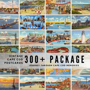 May include: A collection of over 300 vintage postcards featuring colorful illustrations of Cape Cod, Massachusetts, including lighthouses, beaches, harbors, sailboats, and local landmarks with text overlays like Greetings from Cape Cod and Chatham.