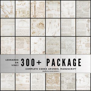 Könnte beinhalten: Eine Sammlung historischer Manuskriptseiten mit Skizzen und handschriftlichen Notizen. Das Bild enthält den Text "Leonardo da Vinci 300+ Package Complete Codex Arundel Manuscript". Die Seiten sind in einem Raster angeordnet.