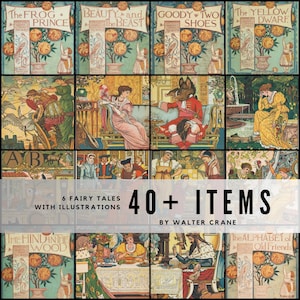 Könnte beinhalten: Eine Sammlung von Vintage-Märchenbüchern mit farbenfrohen Illustrationen. Zu den Titeln gehören "Der Froschkönig" und "Die Schöne und das Biest". Das Bild enthält auch den Text "40+ ITEMS" und "BY WALTER CRANE".
