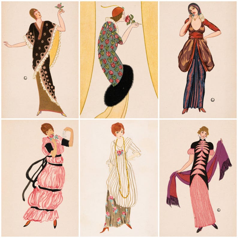 May include: A collection of six vintage fashion illustrations. The drawings depict women in elegant dresses and gowns, showcasing various styles from the early 20th century. The color palette includes shades of black, brown, pink, and blue, with floral and geometric patterns.
