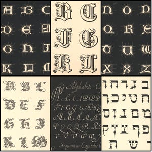 May include: A collage of various antique letter styles. The image features multiple panels showcasing different fonts, including ornate capital letters, calligraphic alphabets, and Hebrew characters. The letters are in black and white.