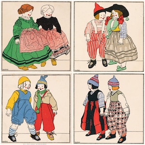 May include: A vintage illustration featuring four panels of children in colorful, old-fashioned clothing. Each panel depicts two children in various outfits, including dresses, overalls, and hats. The artwork has a charming, storybook style with a soft color palette.