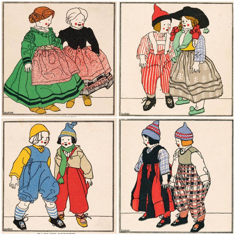 May include: A vintage illustration featuring four panels of children in colorful, old-fashioned clothing. Each panel depicts two children in various outfits, including dresses, overalls, and hats. The artwork has a charming, storybook style with a soft color palette.