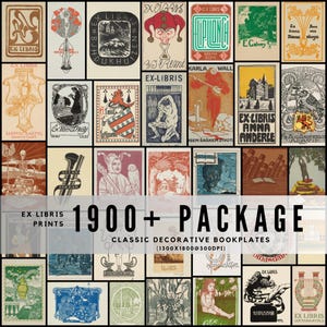 Puede incluir: Una colección de grabados antiguos "Ex Libris", con varios diseños e ilustraciones artísticas. Los grabados muestran una variedad de estilos, incluyendo el Art Nouveau y motivos clásicos. Se muestra el texto "1900+ PACKAGE" y "CLASSIC DECORATIVE BOOKPLATES".