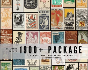 Ex Libris Prints / 1900+ Antique Bookplate Designs / Vintage Ownership Labels / Historic Ephemera / JPG Bundle 300DPI