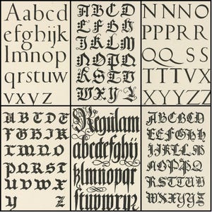 May include: A grid of six panels displaying various black letter fonts. The fonts include uppercase and lowercase letters, with examples of each letter style. The background is a light beige color.