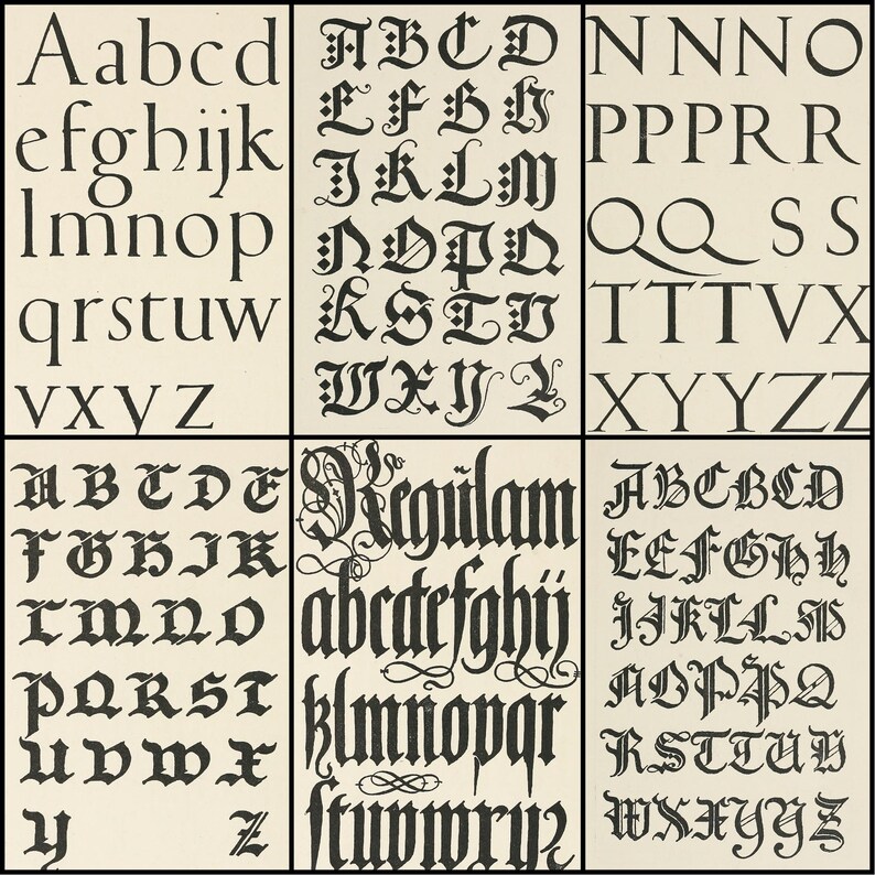 May include: A grid of six panels displaying various black letter fonts. The fonts include uppercase and lowercase letters, with examples of each letter style. The background is a light beige color.