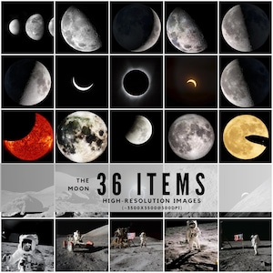 May include: A grid of 36 high-resolution images of the moon, including phases, eclipses, and astronaut scenes. The text "THE MOON" and "36 ITEMS" are displayed. The images showcase the moon's surface and lunar exploration.