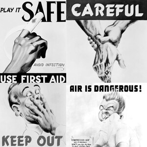14 vintage safety posters featuring bold mid-century designs and classic safety slogans such as 'Danger Keep Out' and 'No Smoking.' Includes striking graphics, vibrant colors, and retro workplace messaging. Ideal for educators, collectors, scrapbookers, and creatives seeking digital downloads of nostalgic public safety ephemera for décor or mixed media projects.