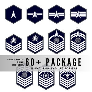May include: A collection of dark blue Space Force rank insignia in a hexagonal shape, featuring white star and stripe designs. The text "SPACE FORCE RANK INSIGNIA 60+ PACKAGE" is displayed below the insignia.