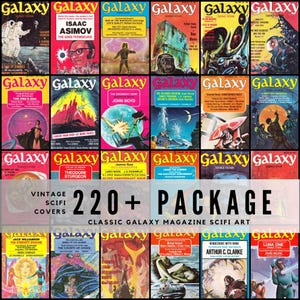 Peut inclure: Une collection de couvertures de magazines de science-fiction vintage "Galaxy". Les couvertures présentent des illustrations et du texte colorés, avec des titres comme "The Gods Themselves" et "The Doomsday Gene". L'image comprend le texte "220+ PACKAGE" et "Classic Galaxy Magazine SciFi Art."