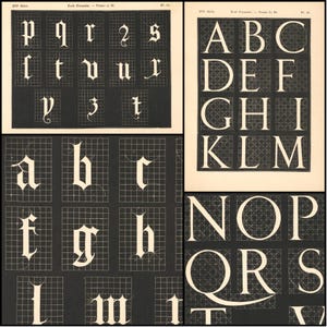 May include: A vintage print featuring various letter styles, including gothic and serif fonts. The letters are displayed in a grid-like pattern, with some letters outlined in a decorative style. The print has a classic, aged appearance.