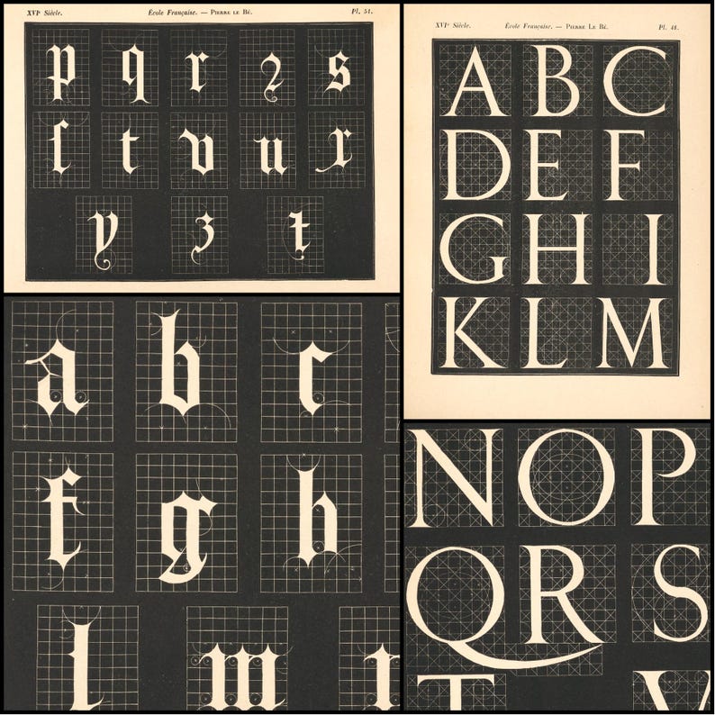 May include: A vintage print featuring various letter styles, including gothic and serif fonts. The letters are displayed in a grid-like pattern, with some letters outlined in a decorative style. The print has a classic, aged appearance.