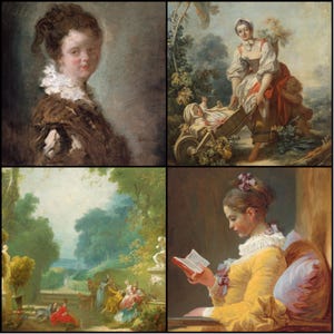 May include: A collection of four classical paintings. The paintings depict portraits of women and scenes of leisure, including a woman reading, a woman with a baby, and figures in a garden setting. The color palette is soft, with muted tones.