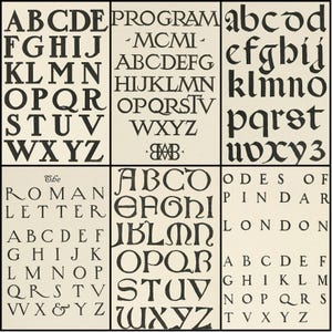 May include: A vintage typography chart featuring various fonts in black against a cream background. The chart includes examples of uppercase and lowercase letters, with some sections displaying full alphabets and others showcasing specific words.