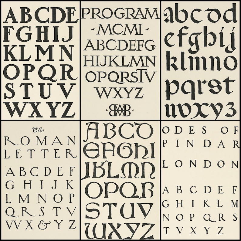 May include: A vintage typography chart featuring various fonts in black against a cream background. The chart includes examples of uppercase and lowercase letters, with some sections displaying full alphabets and others showcasing specific words.