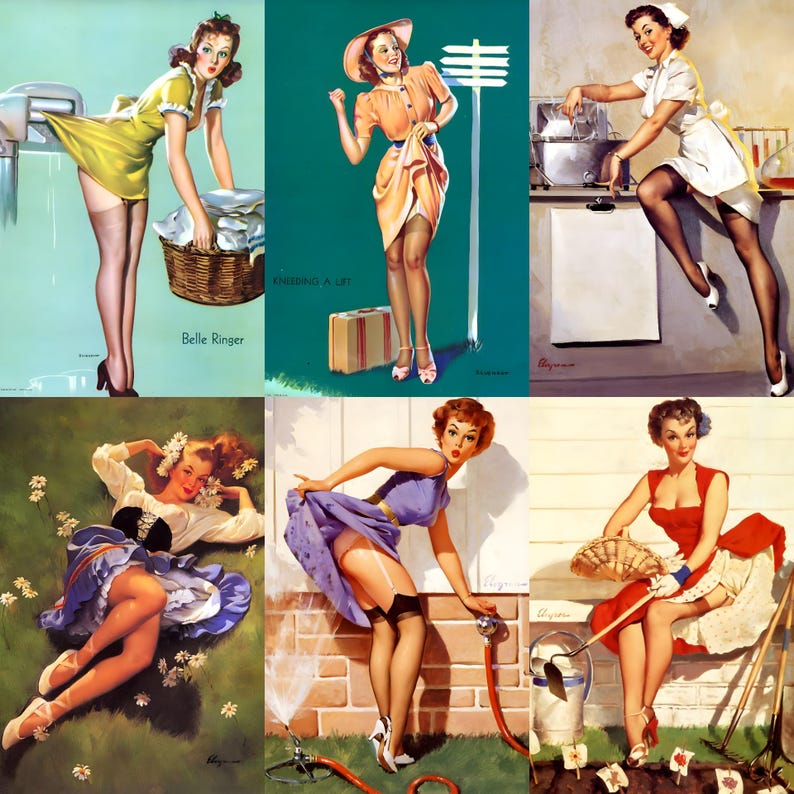 Digital collage of 700+ vintage pinup posters spanning mid-20th-century glamour, featuring iconic figures like Bettie Page, Marilyn Monroe, and Rita Hayworth. Playful poses and nostalgic styling evoke the charm of 1950s classic pinup art. Includes retro fashion, sultry expressions, and stylized compositions—perfect for junk journaling, scrapbooking, wall décor, and collectors of vintage illustration and pop culture ephemera.