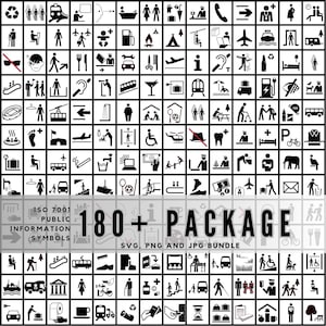 Pode incluir: Uma coleção de mais de 180 símbolos de informação pública em preto e branco, incluindo ícones de transporte, serviços e acessibilidade. O texto "180+ PACKAGE SVG, PNG AND JPG BUNDLE" é exibido abaixo.