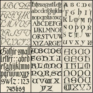 May include: A collection of black calligraphic fonts displayed on a cream-colored background. The image showcases various styles, including cursive, gothic, and decorative letterforms, perfect for design projects.