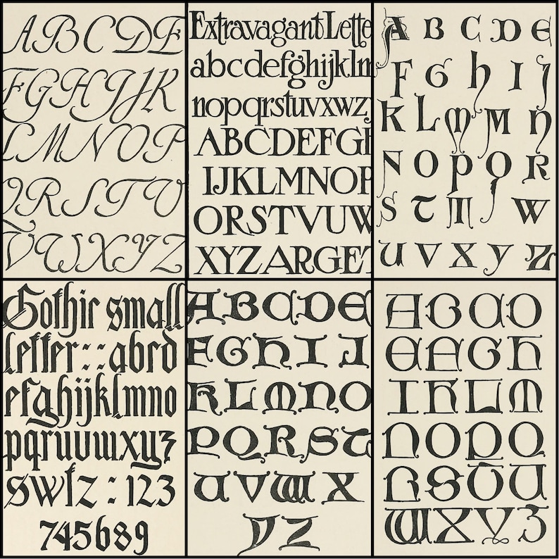 May include: A collection of black calligraphic fonts displayed on a cream-colored background. The image showcases various styles, including cursive, gothic, and decorative letterforms, perfect for design projects.