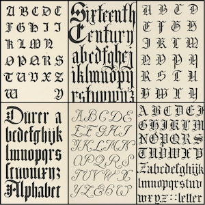 May include: A collection of vintage typography samples, featuring various fonts and lettering styles. The image showcases different alphabets, including gothic and script fonts, with the words "Sixteenth Century" and "Alphabet" visible.