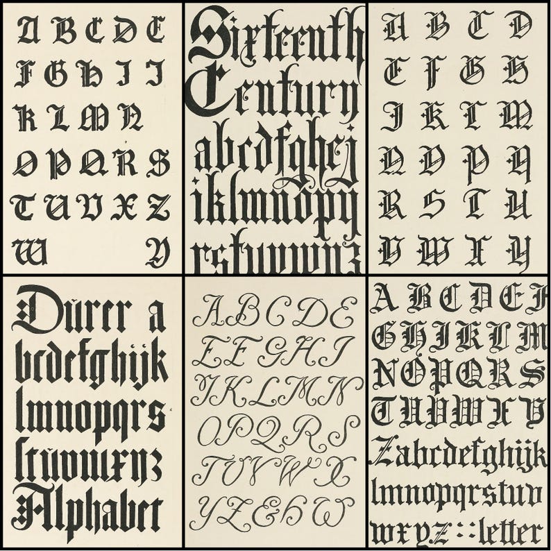May include: A collection of vintage typography samples, featuring various fonts and lettering styles. The image showcases different alphabets, including gothic and script fonts, with the words "Sixteenth Century" and "Alphabet" visible.