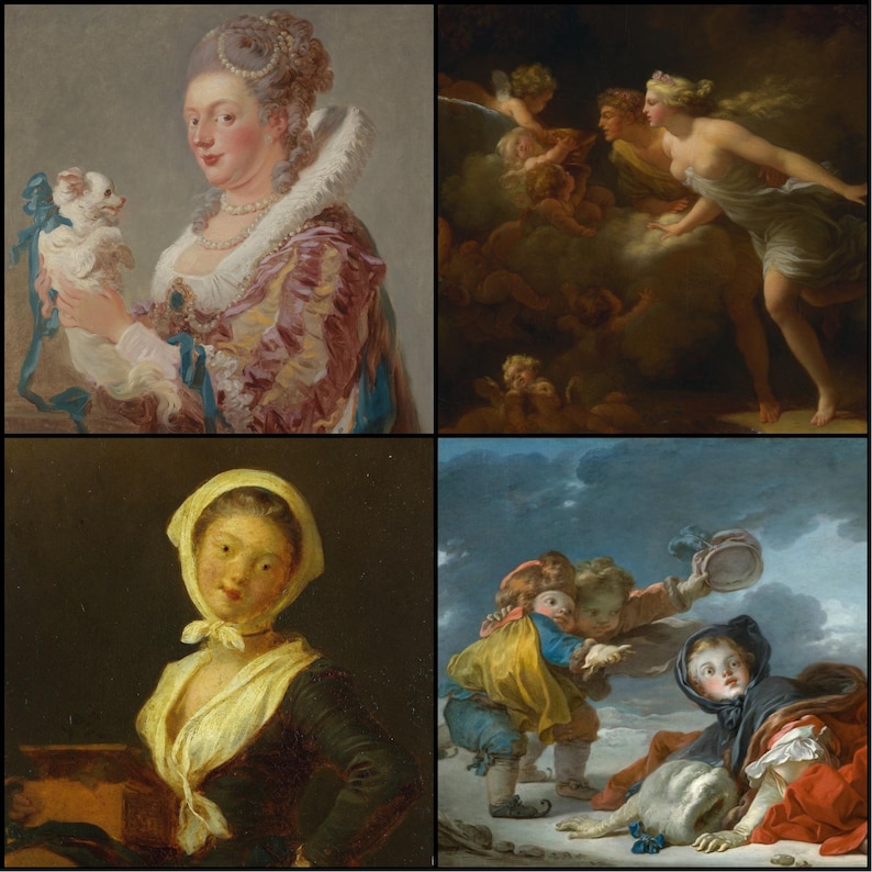 May include: A collage of four classical paintings. The top left shows a woman holding a small dog. The top right depicts figures with cherubs. The bottom left shows a woman in a bonnet. The bottom right shows children in a snowy scene.