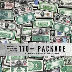 Op de afbeelding: Een verzameling vintage Amerikaanse bankbiljetten, met verschillende coupures en ontwerpen. De afbeelding bevat twintig dollar biljetten en andere valuta, met de tekst "170+ PACKAGE COMPLETE UNITED STATES SERIES". De bankbiljetten zijn in groen, blauw en zwart.