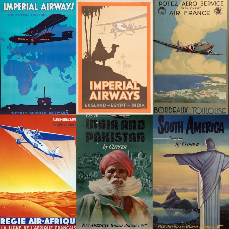 High-resolution preview of vintage airline travel posters from the mid-20th century, featuring iconic carriers like Pan Am, TWA, Air France, and KLM. Includes vibrant retro illustrations, luxury aircraft designs, exotic destinations, and elegant typography. Ideal for collectors, aviation fans, scrapbookers, and designers seeking digital downloads that celebrate the golden age of air travel with timeless visual charm.