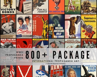 May include: A collection of vintage WWII propaganda posters. The posters feature various themes, including war bonds, military recruitment, and calls for production. The text "800+ PACKAGE" and "INTERNATIONAL PROPAGANDA ART" are also visible.
