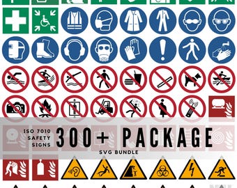 May include: A collection of safety signs in green, blue, red, and yellow. The signs include symbols for first aid, safety equipment, and warnings. Text at the bottom reads "ISO 7010 SAFETY SIGNS 300+ PACKAGE SVG BUNDLE."