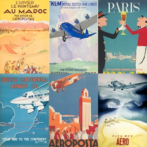 High-resolution preview of vintage airline travel posters from the mid-20th century, featuring iconic carriers like Pan Am, TWA, Air France, and KLM. Includes vibrant retro illustrations, luxury aircraft designs, exotic destinations, and elegant typography. Ideal for collectors, aviation fans, scrapbookers, and designers seeking digital downloads that celebrate the golden age of air travel with timeless visual charm.