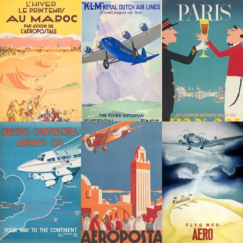 High-resolution preview of vintage airline travel posters from the mid-20th century, featuring iconic carriers like Pan Am, TWA, Air France, and KLM. Includes vibrant retro illustrations, luxury aircraft designs, exotic destinations, and elegant typography. Ideal for collectors, aviation fans, scrapbookers, and designers seeking digital downloads that celebrate the golden age of air travel with timeless visual charm.