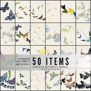Peut inclure: Une grille de 50 estampes de papillons vintage, présentant une variété de couleurs et de styles. L'œuvre comprend des papillons bleus, verts, jaunes et violets, avec des éléments d'inspiration japonaise. Le texte indique "Japanese Butterfly Artworks" et "50 Items".