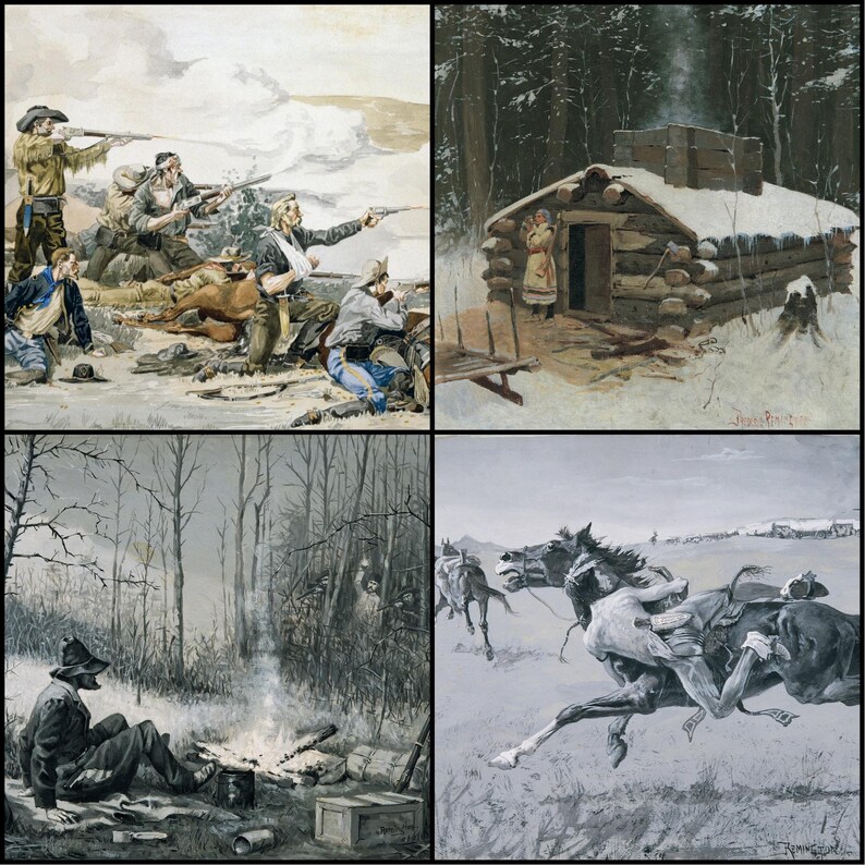 May include: A four-panel artwork depicting scenes of historical events. The top left shows a battle scene with soldiers firing rifles. The top right depicts a log cabin in a snowy landscape. The bottom left shows a soldier by a campfire. The bottom right shows a horse race.