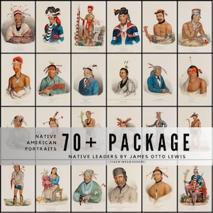 Puede incluir: Una colección de retratos antiguos de líderes nativos americanos, cada uno con vestimenta tradicional. La imagen incluye el texto "Native American Portraits" y "70+ Package, Native Leaders by James Otto Lewis."