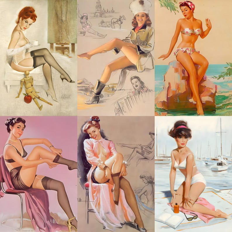 Digital collage of 700+ vintage pinup posters spanning mid-20th-century glamour, featuring iconic figures like Bettie Page, Marilyn Monroe, and Rita Hayworth. Playful poses and nostalgic styling evoke the charm of 1950s classic pinup art. Includes retro fashion, sultry expressions, and stylized compositions—perfect for junk journaling, scrapbooking, wall décor, and collectors of vintage illustration and pop culture ephemera.