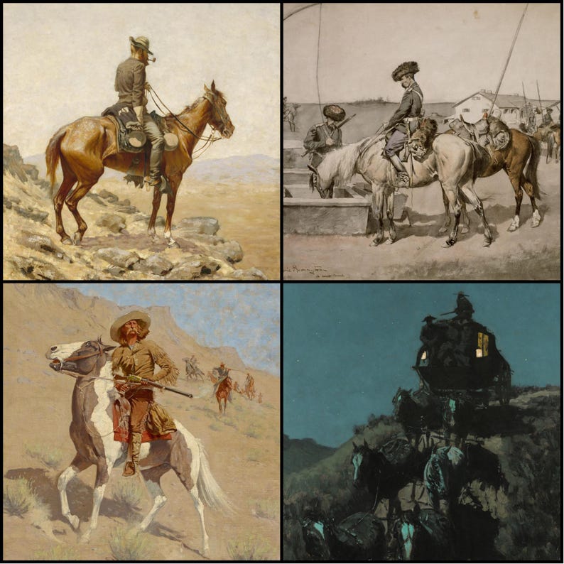 May include: A collage of four vintage Western-themed paintings. The images depict cowboys on horseback, a stagecoach at night, and scenes of frontier life. The artwork features a muted color palette with detailed depictions of horses and riders.