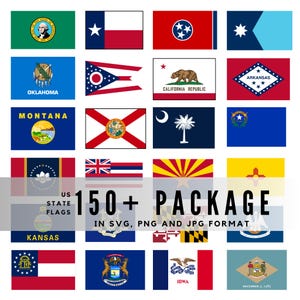 May include: A collection of US state flags in various designs, including flags for Texas, California, and Oklahoma. The image also includes the text "150+ PACKAGE IN SVG, PNG AND JPG FORMAT".
