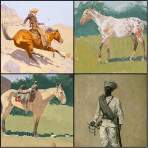May include: A collage of four paintings featuring horses and figures. One depicts a cowboy on a galloping horse, another a spotted horse in a field. The other two show a mule with a saddle and a man in a white uniform.