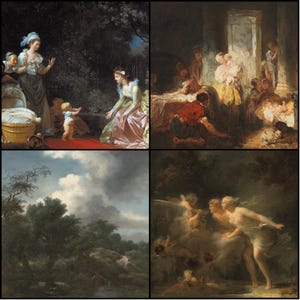 May include: A four-panel image featuring classical paintings. The top left depicts a woman and child near a basket. The top right shows a scene with several figures. The bottom left shows a landscape. The bottom right shows figures near a waterfall.