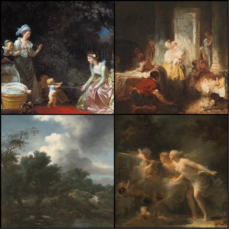 May include: A four-panel image featuring classical paintings. The top left depicts a woman and child near a basket. The top right shows a scene with several figures. The bottom left shows a landscape. The bottom right shows figures near a waterfall.