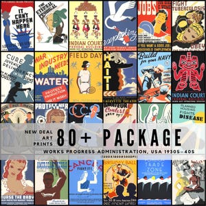 May include: A collection of over 80 vintage New Deal art prints from the Works Progress Administration, USA, dating from the 1930s-40s. The posters feature various themes, including public health, employment, and social issues, with bold colors and graphic designs.